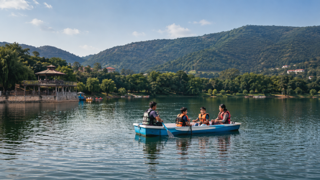 Visitors enjoying a boat ride on Kallar Kahar Lake surrounded by scenic hills and natural landscapes in Punjab, Pakistan.