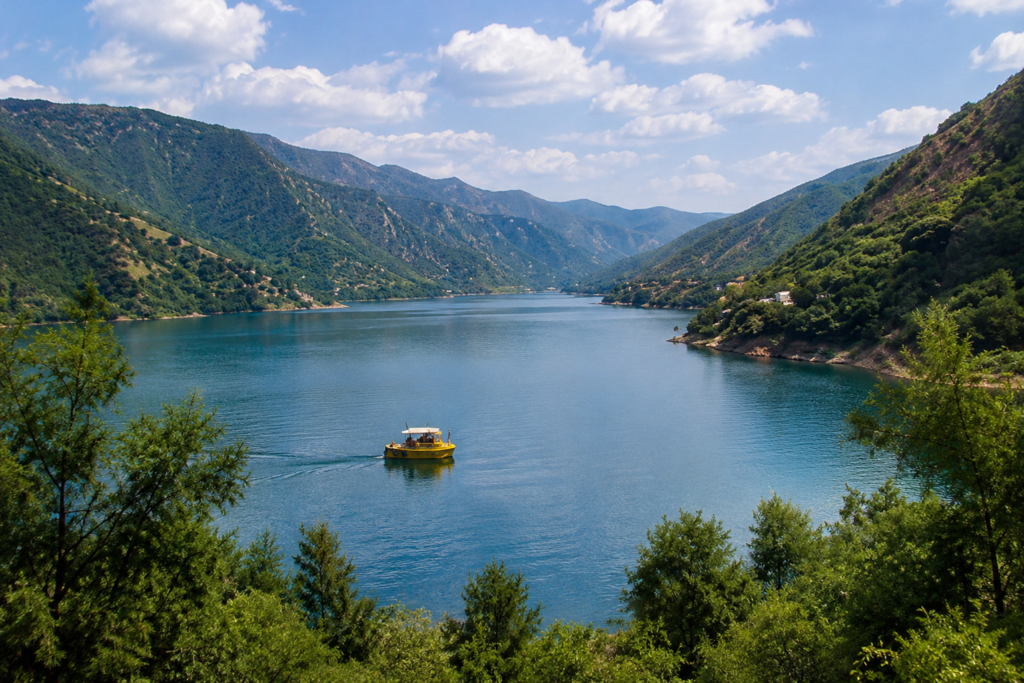 Beautiful panoramic view of Kallar Kahar Lake surrounded by the Salt Range mountains in Punjab, Pakistan.