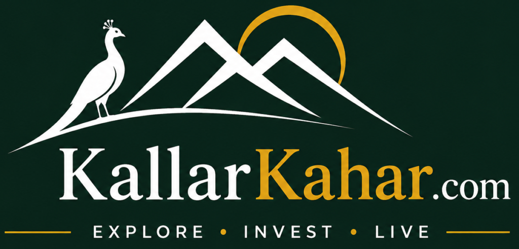 KallarKahar.com white and gold logo representing real estate, property investment, and land opportunities in Kallar Kahar, Punjab, Pakistan.