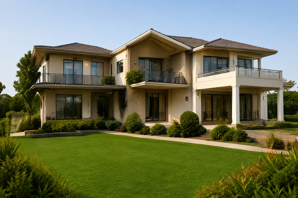 Luxury two-storey farmhouse with landscaped garden for sale in Kallar Kahar, Pakistan.