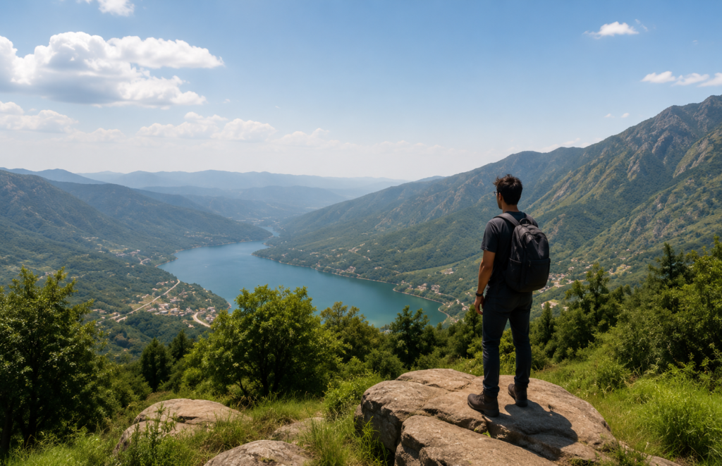 Hiker overlooking Kallar Kahar Lake and the Salt Range mountains from a scenic viewpoint in Punjab, Pakistan.