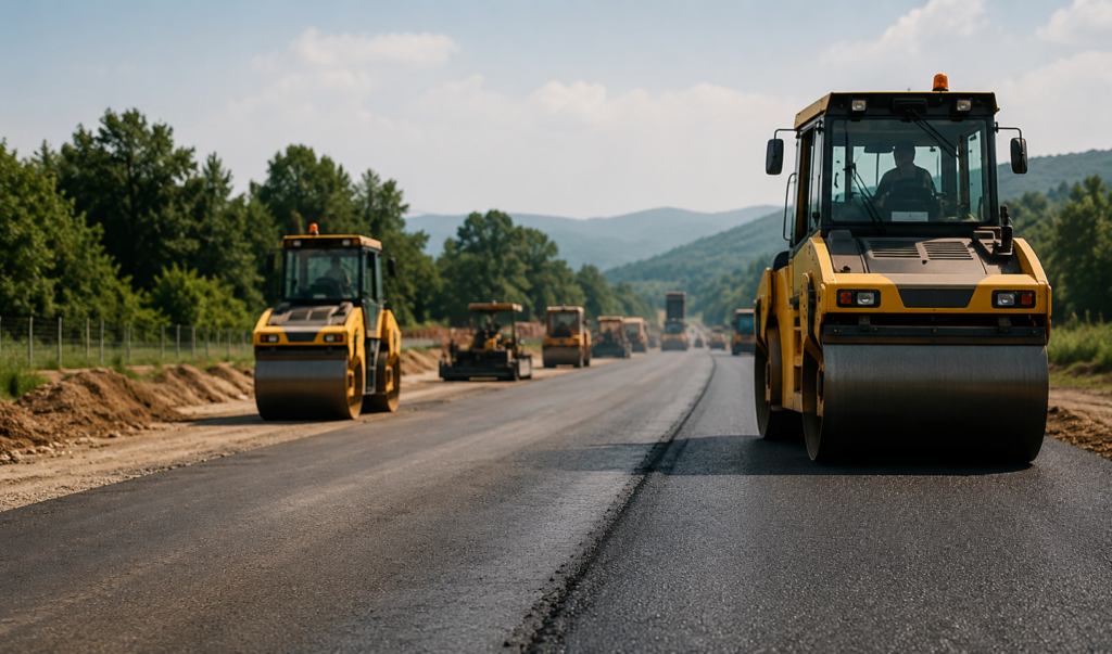 Road construction machinery working on a new road improvement project in Kallar Kahar, Punjab, Pakistan.