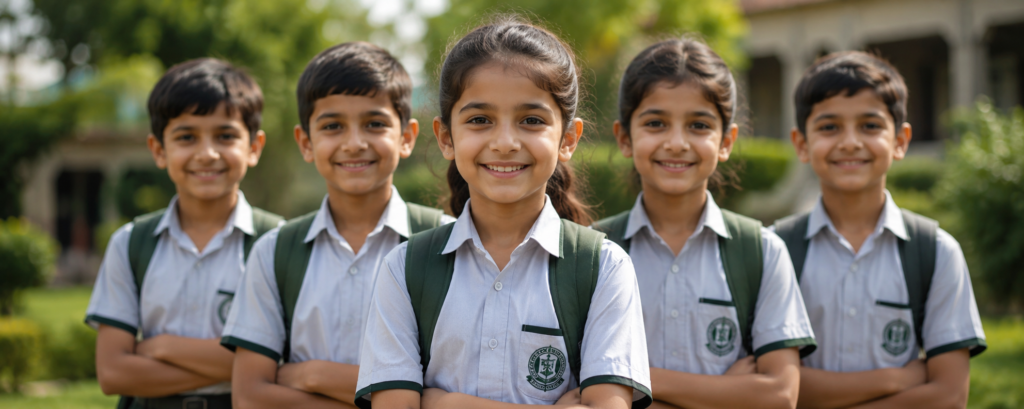 Students standing together outside a local school in Kallar Kahar during the new academic admissions period.